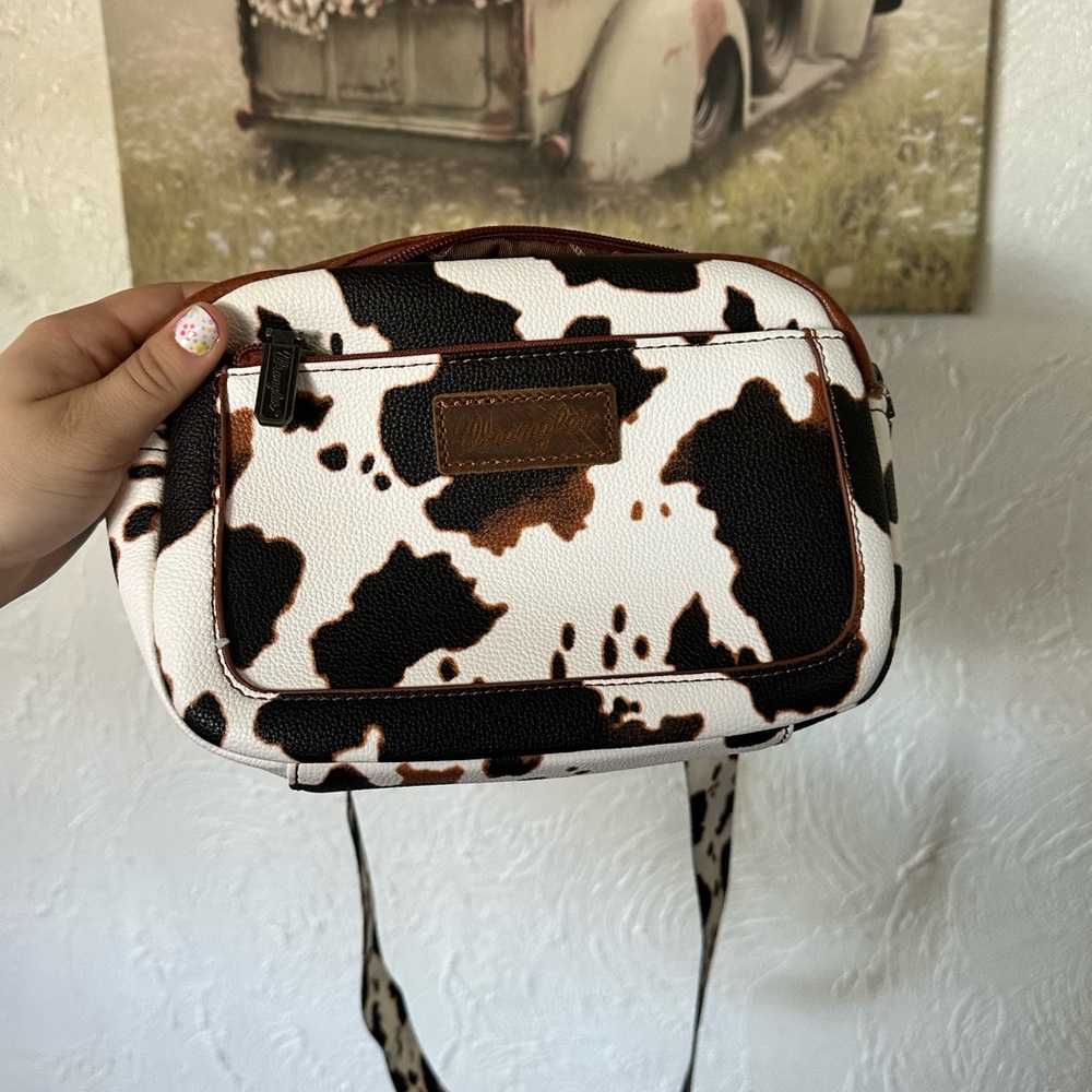 CCW Wrangler Cow Print Crossbody Bag in White, Black & Brown
